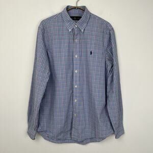 Ralph‎ Lauren Men’s Sz Medium Check Plaid Blue Pink Button Oxford Dress Shirt